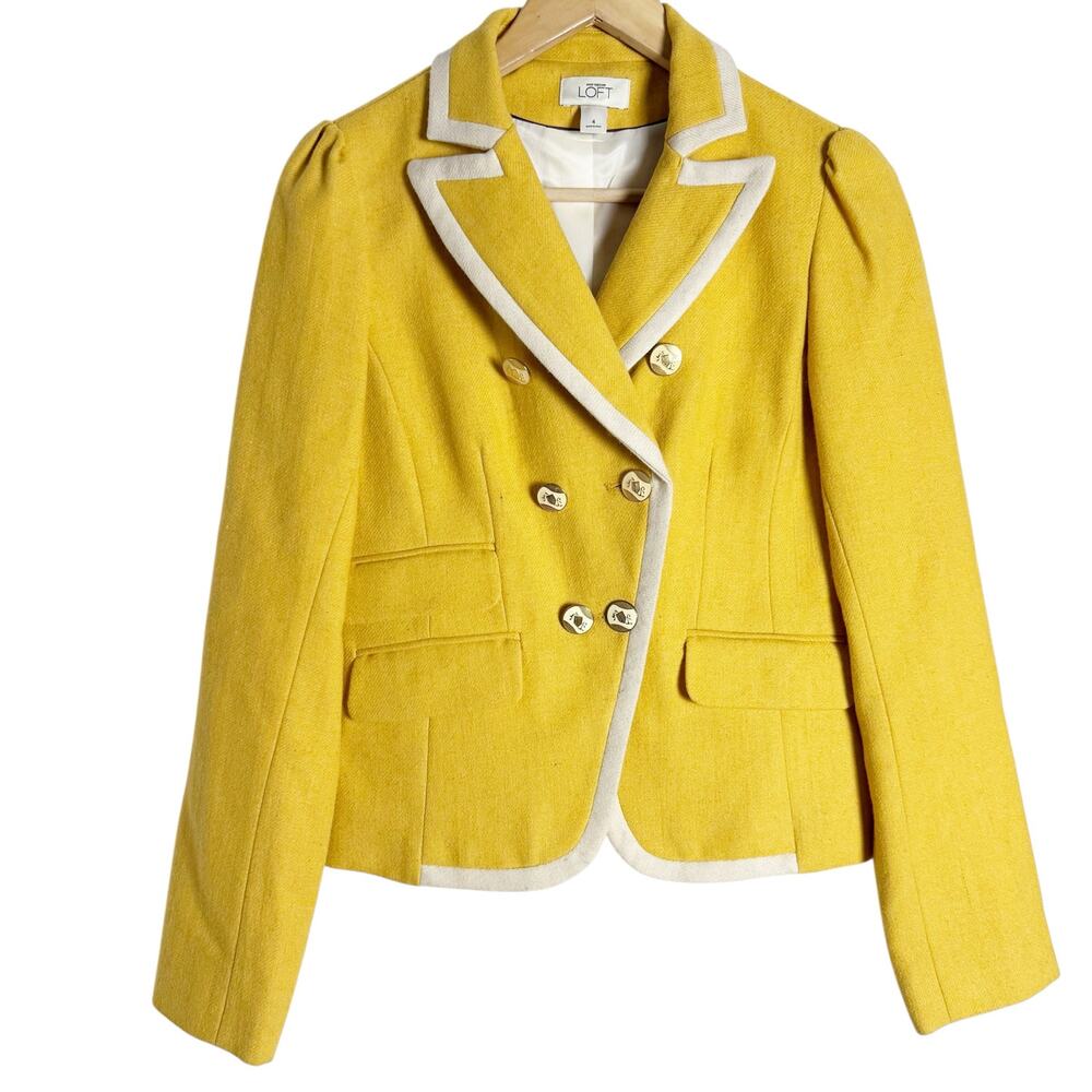 Ann Taylor LOFT Yellow Double Breasted Contrast Trim Wool Blazer Jacket Size 4